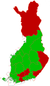 Kartta Suomen maistraateista jotka hyvksyvt suorat shkpostierot eroakirkosta.fi:st (vihrell)